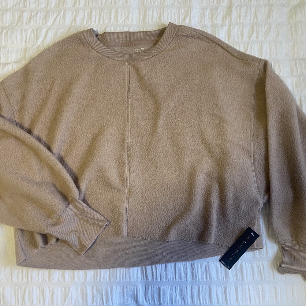 NWT Tahari Sport Light Brown Teddy Bear Style Cropped Sweatshirt, Size Medium